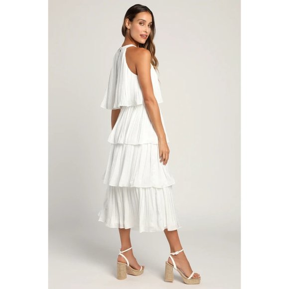 Lulus Tier and Far Sleeveless Tiered Pleated Halter Midi Dress in White XL NWOT - Picture 4 of 5